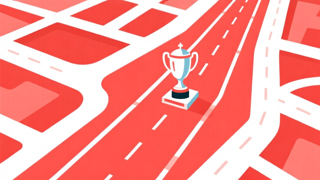 Ilustrasi peta jalan atau papan catur carrom dengan jalur yang jelas menuju piala, desain minimalis dengan warna merah dan putih, gaya infografis profesional high quality illustration, detailed, 16:9