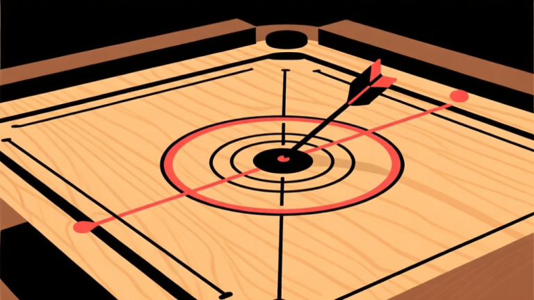 自动生成图片: Ilustrasi papan carrom dengan bidikan strategis yang ditandai panah dan lingkaran, skema warna kayu hangat dan hitam-putih, desain minimalis bersih, gaya infografis olahraga high quality illustration, detailed, 16:9