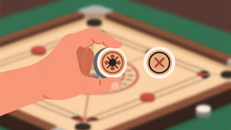 自动生成图片: Ilustrasi tangan memegang striker carrom dengan cara yang salah dan benar secara berdampingan, latar belakang papan carrom yang blur, gaya ilustrasi clean vector, warna earth tone high quality illustration, detailed, 16:9
