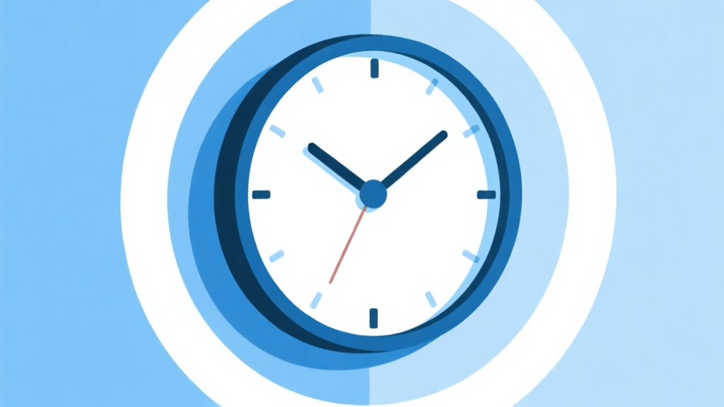 Ilustrasi minimalis jam dinding dengan jarum jam menunjuk angka, dan lingkaran konsentrasi di sekitarnya, skema warna biru muda dan putih, konsep manajemen waktu dan fokus high quality illustration, detailed, 16:9