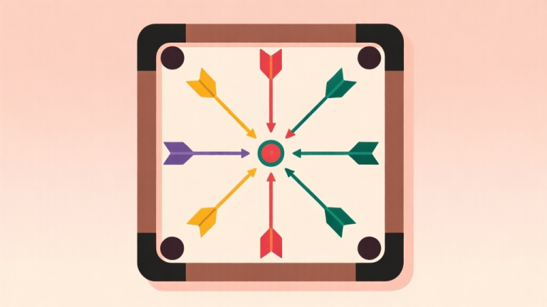 自动生成图片: Ilustrasi minimalis papan carrom dengan lima panah tipis berwarna berbeda yang memancar dari striker, menunjukkan variasi arah pukulan dasar, latar belakang lembut, gaya clean vector high quality illustration, detailed, 16:9