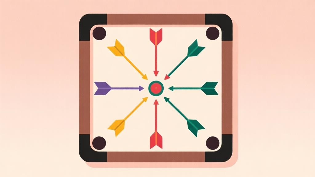 Ilustrasi minimalis papan carrom dengan lima panah tipis berwarna berbeda yang memancar dari striker, menunjukkan variasi arah pukulan dasar, latar belakang lembut, gaya clean vector high quality illustration, detailed, 16:9