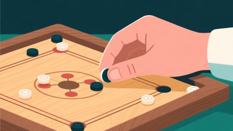 自动生成图片: Ilustrasi minimalis sebuah tangan memegang striker carrom di atas papan kayu yang terang, dengan beberapa bidak tersebar, nuansa tenang dan fokus, gaya ilustrasi clean vector high quality illustration, detailed, 16:9