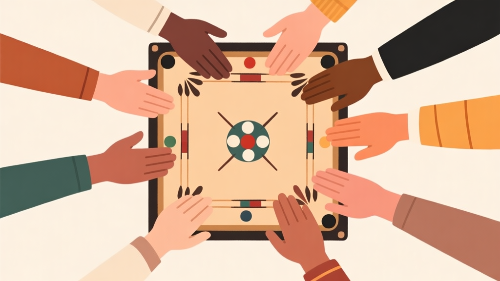 Ilustrasi minimalis papan carrom dengan tangan-tangan yang berbeda-beda mengelilinginya, simbol kerjasama dan persahabatan, skema warna hangat dan netral, gaya desain bersih high quality illustration, detailed, 16:9