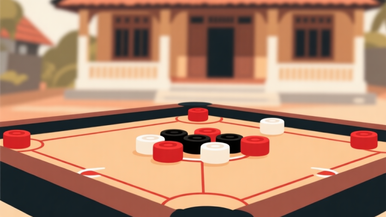 自动生成图片: Ilustrasi minimalis papan carrom dengan bidak-bidak berwarna merah, hitam, dan putih tersusun di tengah, latar belakang blur teras rumah tradisional Indonesia, nuansa hangat dan nostalgia, gaya ilustrasi clean vector high quality illustration, detailed, 16:9