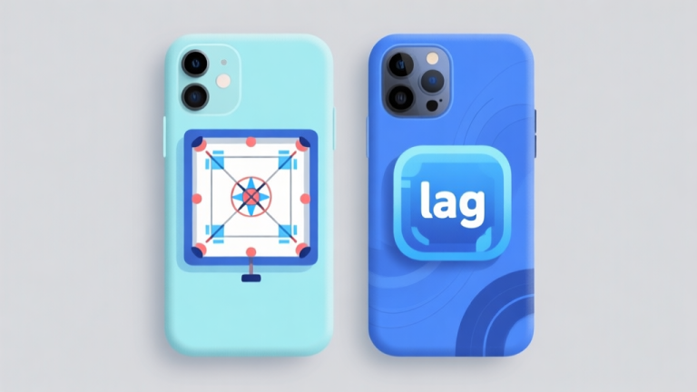 自动生成图片: Ilustrasi dua ponsel berdampingan, satu dengan grafis game carrom yang sederhana dan lancar, satunya dengan grafis rumit dan ikon "lag". Skema warna biru muda dan abu-abu, desain minimalis, gaya infografis high quality illustration, detailed, 16:9