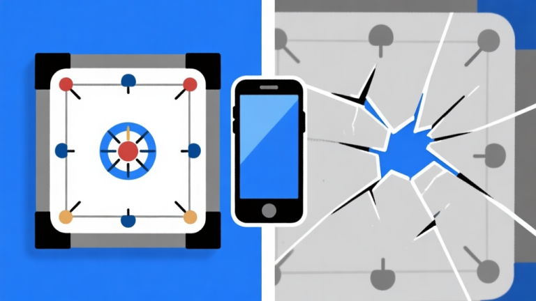 自动生成图片: Ilustrasi grafis game Carrom yang halus di sebelah kiri dan patah-patah (lag) di sebelah kanan, dengan ikon ponsel di tengah, skema warna biru dan abu-abu, gaya minimalis bersih high quality illustration, detailed, 16:9