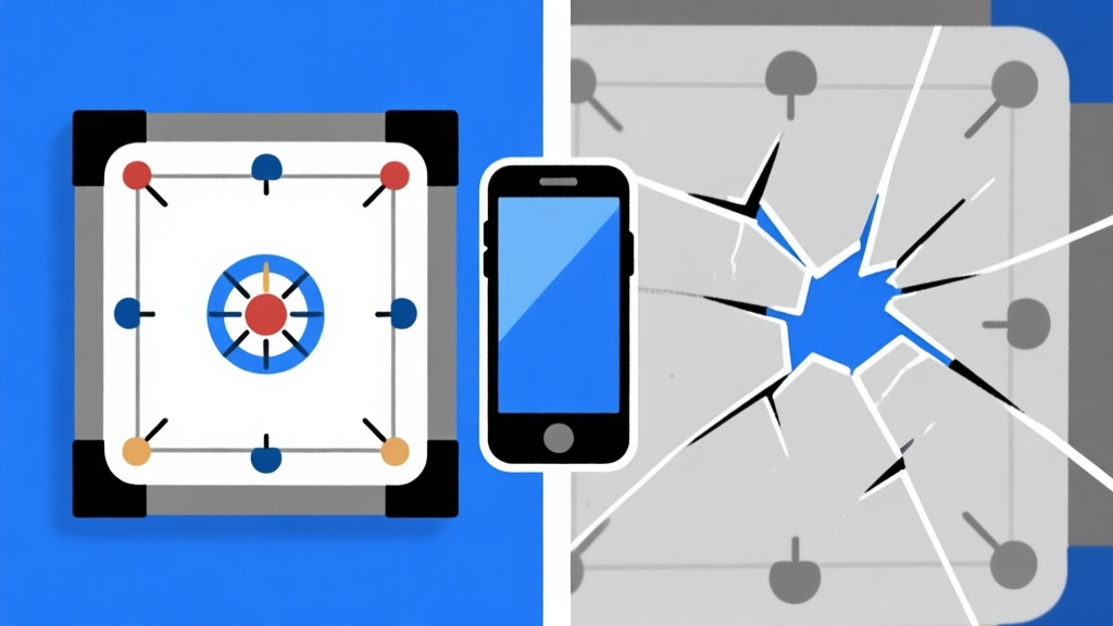 Ilustrasi grafis game Carrom yang halus di sebelah kiri dan patah-patah (lag) di sebelah kanan, dengan ikon ponsel di tengah, skema warna biru dan abu-abu, gaya minimalis bersih high quality illustration, detailed, 16:9