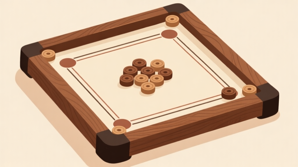 Ilustrasi minimalis papan Carrom kayu tradisional dengan bidak kayu tersusun di tengah, latar belakang lembut bernuansa coklat kayu dan krem, desain bersih dan sederhana, gaya ilustrasi konsep budaya high quality illustration, detailed, 16:9