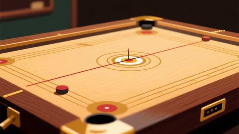 自动生成图片: Ilustrasi minimalis papan carrom digital dengan bidikan strategis, menunjukkan lintasan bidik yang samar, warna dominan kayu hangat dan aksen emas, gaya clean dan profesional, fokus pada elemen presisi high quality illustration, detailed, 16:9