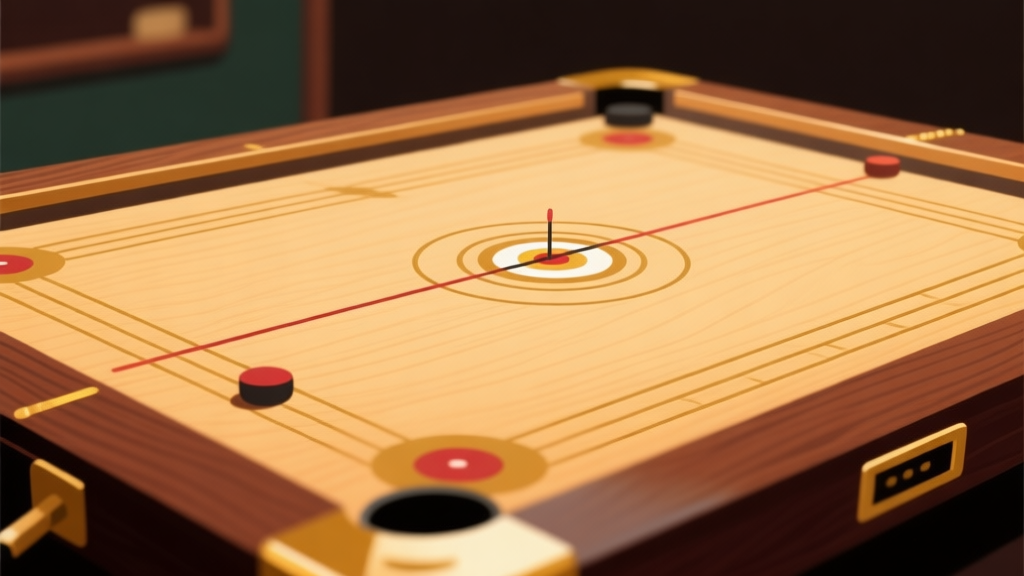 Ilustrasi minimalis papan carrom digital dengan bidikan strategis, menunjukkan lintasan bidik yang samar, warna dominan kayu hangat dan aksen emas, gaya clean dan profesional, fokus pada elemen presisi high quality illustration, detailed, 16:9