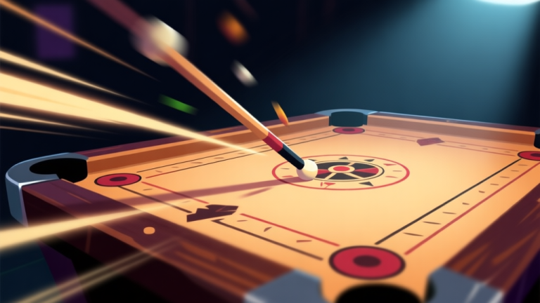自动生成图片: Ilustrasi digital papan carrom dengan striker bergerak cepat menciptakan efek blur, latar belakang gelap dengan sorotan pada lintasan, gaya grafis dinamis untuk game online high quality illustration, detailed, 16:9