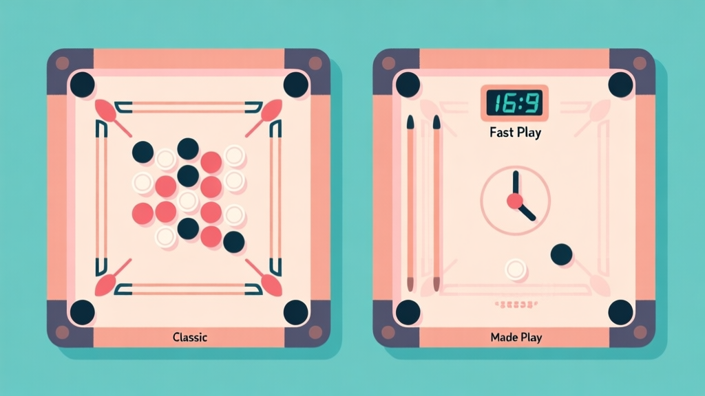 Ilustrasi minimalis dua papan carrom berdampingan, satu dengan bidak tersusun rapi (mode Classic), satu dengan bidak lebih sedikit dan jam waktu digital (mode Fast Play), skema warna pastel lembut, desain bersih, gaya infografis high quality illustration, detailed, 16:9