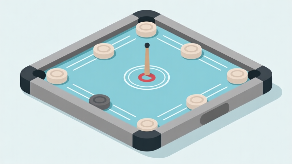 Ilustrasi minimalis papan carrom digital dengan bidak-bidak berwarna netral tersusun, satu bidak striker terisolasi di sudut, simbol kesalahan umum, desain bersih dengan skema warna biru muda dan abu-abu high quality illustration, detailed, 16:9