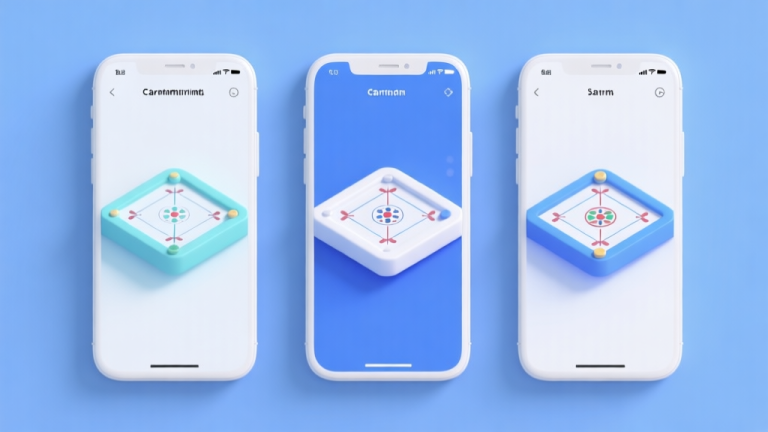 自动生成图片: Ilustrasi minimalis tiga ponsel pintar berdampingan menampilkan antarmuka game carrom 3D yang berbeda, dengan desain bersih dan skema warna biru muda dan putih, menekankan perbandingan high quality illustration, detailed, 16:9