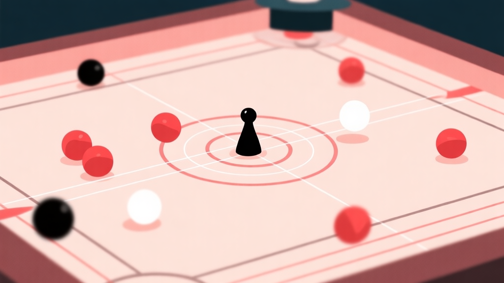 Ilustrasi abstrak dari papan carrom digital dengan grid garis-garis halus dan bidak-bidak berwarna merah, hitam, dan putih melayang di atasnya, menunjukkan lintasan bidikan yang transparan, gaya minimalis dengan skema warna soft pastel, konsep fisika digital high quality illustration, detailed, 16:9