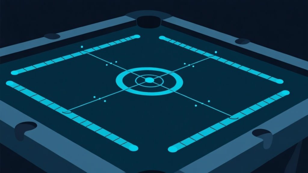 Ilustrasi minimalis papan carrom digital dengan garis bidikan dan titik-titik strategis berwarna biru muda, latar belakang gelap lembut, gaya visual clean dan teknis high quality illustration, detailed, 16:9