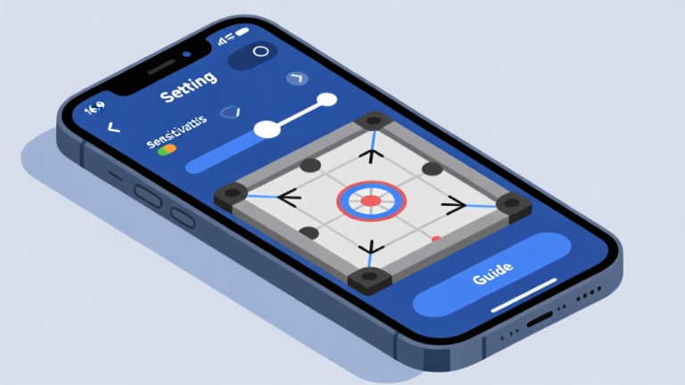 自动生成图片: Ilustrasi layar ponsel dengan menu setting game carrom digital yang ditandai, menunjukkan slider sensitivitas dan toggle grid guide, gaya flat design minimalis dengan warna biru dan abu-abu high quality illustration, detailed, 16:9