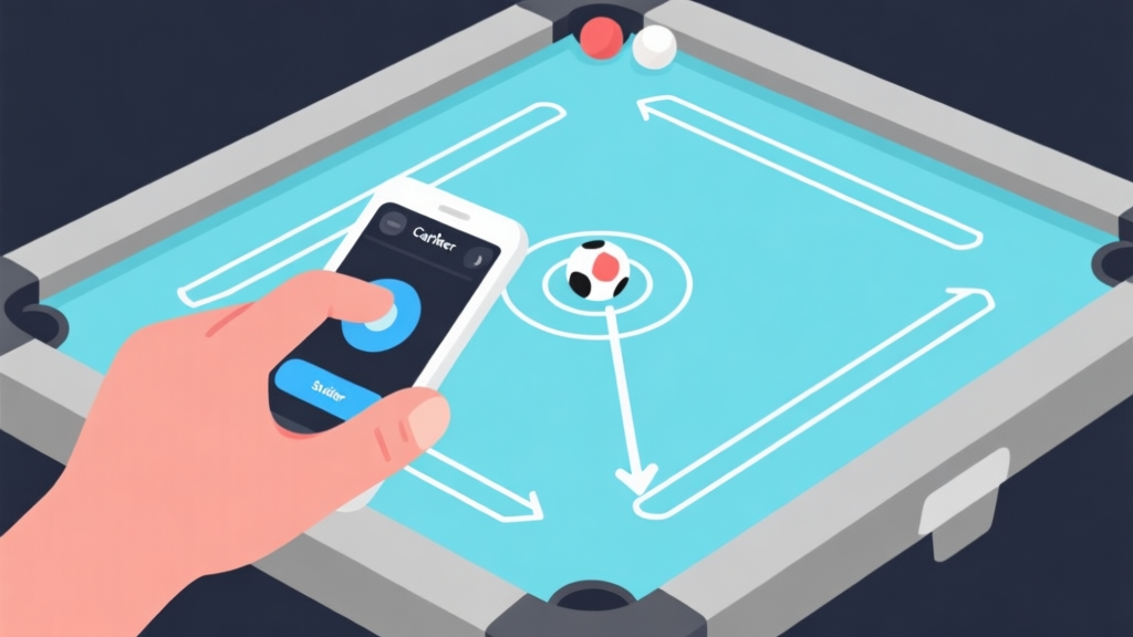 Ilustrasi minimalis tangan memegang striker digital di atas papan carrom online, dengan garis lintasan panah yang menunjukkan sudut, warna biru muda dan abu-abu, gaya clean UI game mobile high quality illustration, detailed, 16:9