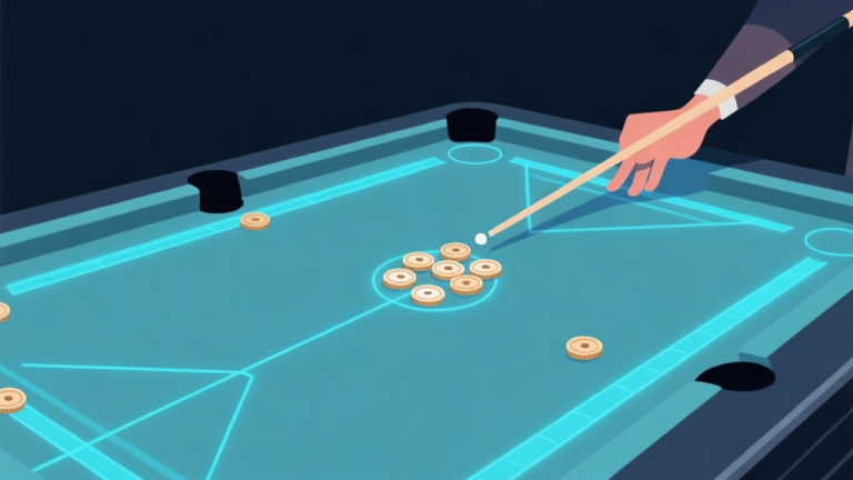自动生成图片: Ilustrasi minimalis papan carrom digital dengan bidikan striker yang sedang menuju kelompok coin, garis lintasan berwarna biru muda transparan, latar belakang gelap soft, gaya visual clean dan analitis high quality illustration, detailed, 16:9