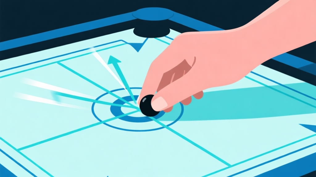Ilustrasi minimalis tangan memegang striker carrom di atas papan, dengan garis-garis abstrak berwarna biru muda yang menunjukkan arah dan kecepatan pukulan, gaya clean dan instruksional high quality illustration, detailed, 16:9