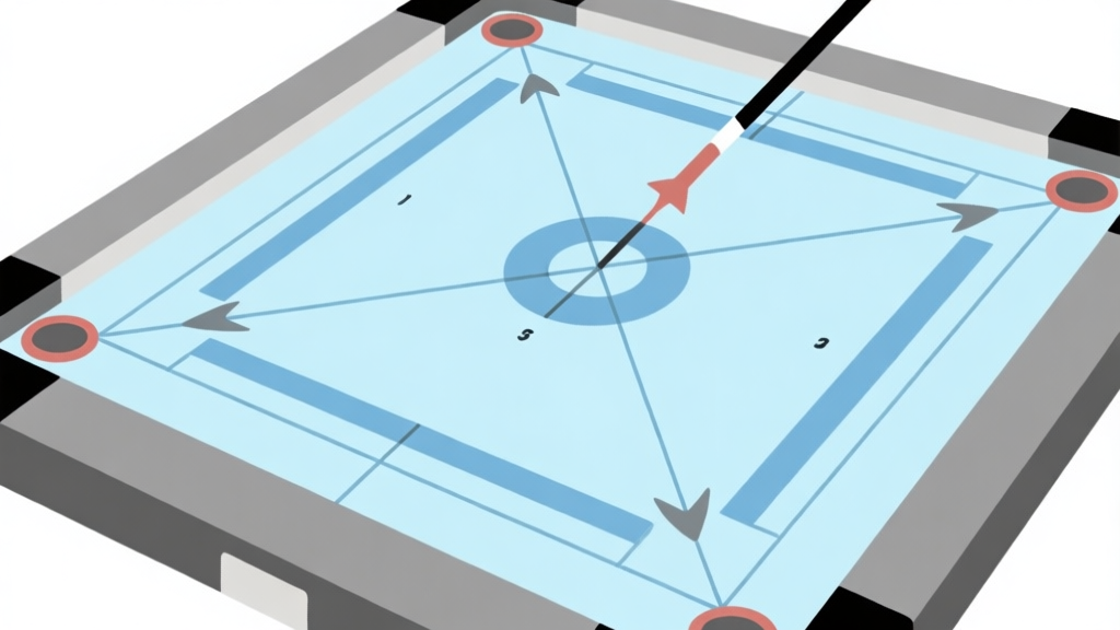 Ilustrasi minimalis papan carrom dengan garis-garis gaya yang menunjukkan arah momentum dan sudut pantulan, skema warna biru muda dan abu-abu, desain bersih dan informatif, gaya diagram fisika sederhana high quality illustration, detailed, 16:9