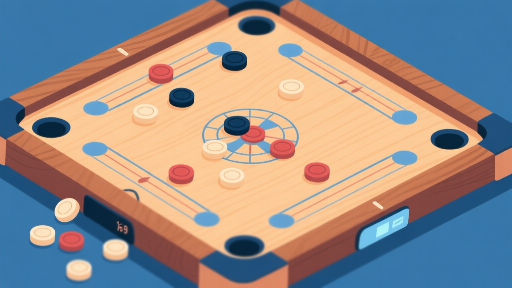 Ilustrasi papan carrom digital dengan bidak-bidak tersebar, ditampilkan dari sudut atas, gaya minimalis dengan warna kayu hangat dan aksen biru lembut, menunjukkan kesan kebingungan strategi high quality illustration, detailed, 16:9