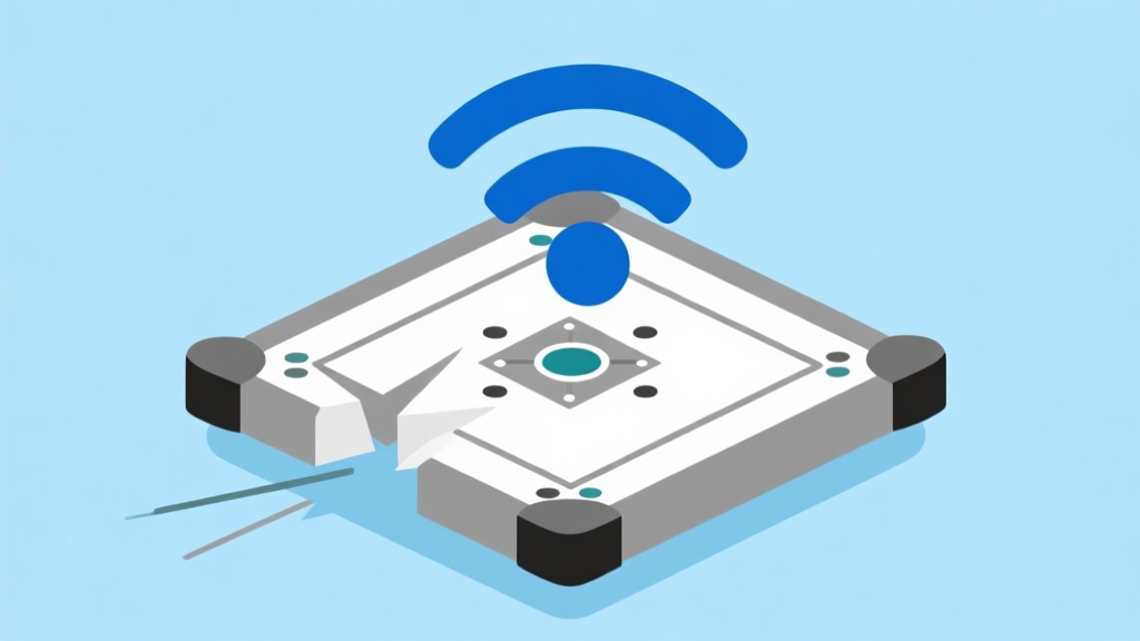 Ilustrasi grafis minimalis yang menunjukkan sinyal Wi-Fi bergelombang dengan bidak carrom di atasnya, bergerak patah-patah, skema warna biru muda dan abu-abu, desain bersih dan sederhana high quality illustration, detailed, 16:9
