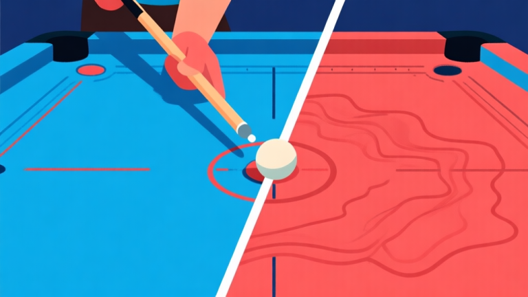 自动生成图片: Ilustrasi grafis yang menunjukkan perbandingan antara gameplay carrom online yang mulus dan yang mengalami lag. Tampilkan bidikan striker yang bergerak dalam dua jalur berbeda: satu lurus dan tepat, lainnya terhambat dan bergelombang. Skema warna biru dan merah, desain datar dan sederhana, gaya infografis high quality illustration, detailed, 16:9