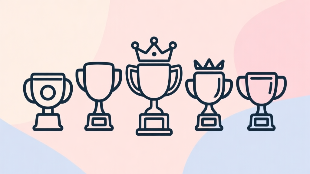 Komposisi abstrak lima ikon mahkota atau piala dengan gaya garis tipis minimalis, latar belakang pastel lembut, ilustrasi konsep prestasi dan peringkat teratas high quality illustration, detailed, 16:9