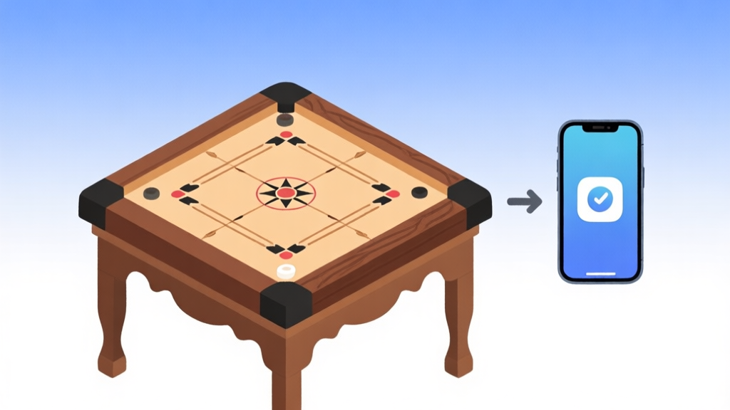 Ilustrasi grafis minimalis yang menunjukkan transisi dari papan carrom kayu tradisional di atas meja menjadi ikon aplikasi mobile di layar smartphone, dengan latar belakang gradien lembut biru dan putih, gaya desain bersih high quality illustration, detailed, 16:9