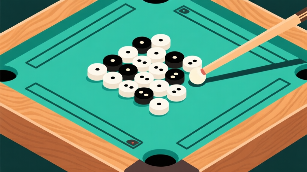 Ilustrasi papan carrom dengan bidak putih dan hitam tersusun rapat di dekat lubang, satu striker terlihat akan memantul dari band, gaya ilustrasi clean vector, warna kayu hangat dan hijau toska, komposisi minimal high quality illustration, detailed, 16:9