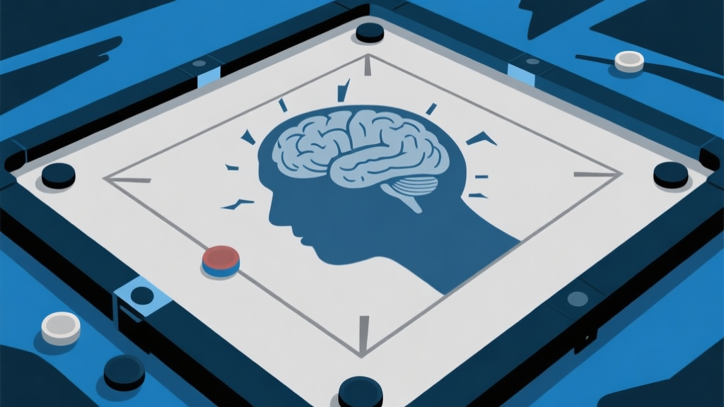 Ilustrasi abstrak tekanan mental dalam game, menunjukkan papan carrom dengan bayangan pikiran yang bergejolak di sekitarnya, skema warna biru tua dan abu-abu, desain minimalis yang tegang high quality illustration, detailed, 16:9