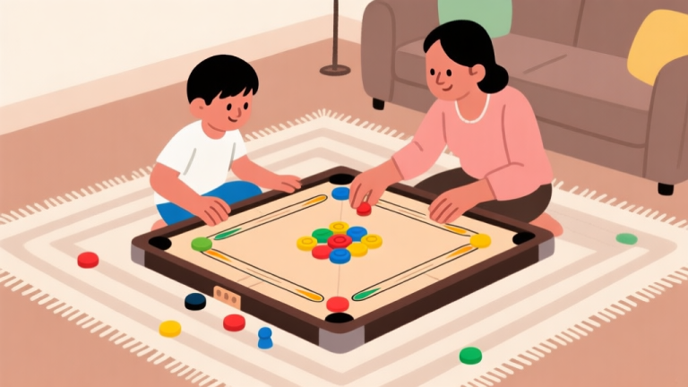 自动生成图片: Ilustrasi minimalis papan carrom dengan bidak-bidak berwarna cerah namun tidak terlalu mencolok, diletakkan di atas karpet di ruang keluarga, dengan tangan anak dan orang dewasa terlihat akan memulai permainan, gaya gambar bersih dan ramah high quality illustration, detailed, 16:9