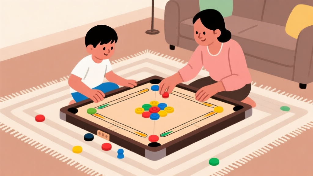 Ilustrasi minimalis papan carrom dengan bidak-bidak berwarna cerah namun tidak terlalu mencolok, diletakkan di atas karpet di ruang keluarga, dengan tangan anak dan orang dewasa terlihat akan memulai permainan, gaya gambar bersih dan ramah high quality illustration, detailed, 16:9