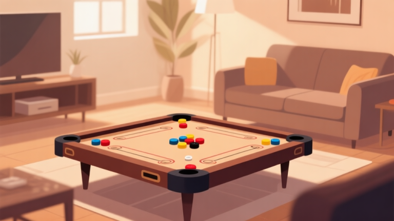 自动生成图片: Ilustrasi minimalis papan carrom dengan bidak-bidak berwarna, ditempatkan di tengah ruang keluarga yang hangat dengan pencahayaan lembut, nuansa natural dan hangat, desain clean dan profesional high quality illustration, detailed, 16:9