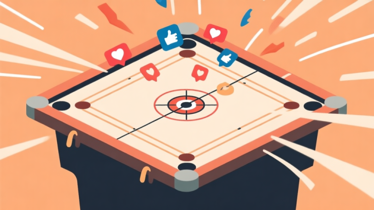 自动生成图片: Ilustrasi minimalis papan carrom dengan bidikan yang sedang viral, ditampilkan dalam bentuk garis-garis dinamis dan like/share yang beterbangan, skema warna hangat dan netral, gaya infografis yang bersih high quality illustration, detailed, 16:9
