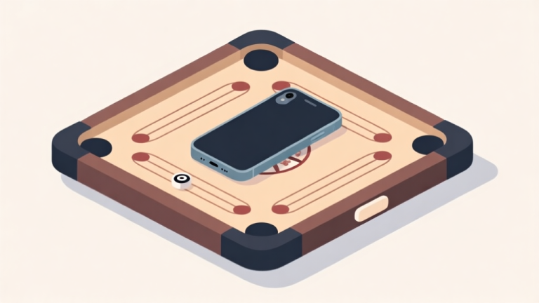 自动生成图片: Ilustrasi minimalis papan carrom dengan smartphone di atasnya, sudut pengambilan gambar yang baik, pencahayaan lembut, latar belakang bersih, gaya flat design high quality illustration, detailed, 16:9
