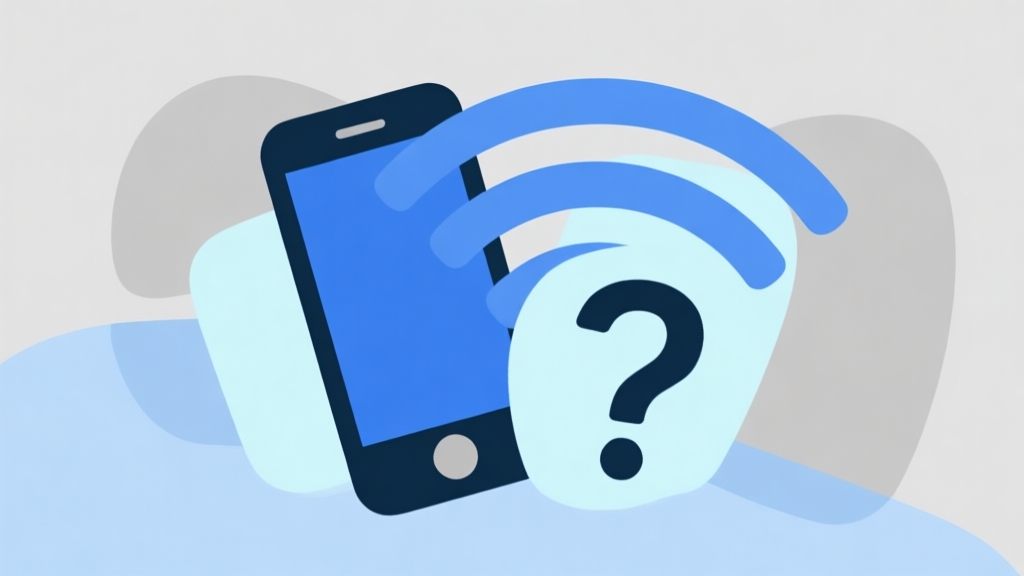 Ilustrasi grafis minimalis yang menunjukkan sinyal Wi-Fi lemah yang tumpang tindih dengan ikon ponsel dan simbol tanda tanya, skema warna biru muda dan abu-abu, gaya desain bersih dan profesional high quality illustration, detailed, 16:9