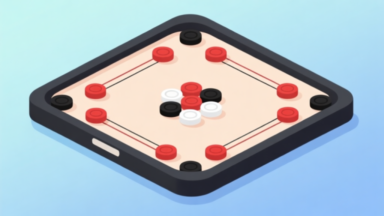 自动生成图片: Ilustrasi minimalis papan Carrom digital dengan bidak-bidak berwarna merah, putih, dan hitam tersusun rapi di tengah, latar belakang lembut dengan gradasi biru muda, gaya visual bersih dan modern high quality illustration, detailed, 16:9
