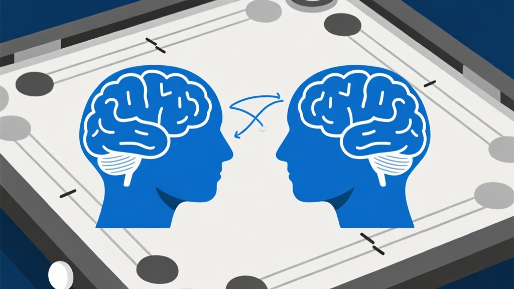 Ilustrasi dua pikiran yang saling berhadapan di atas papan carrom digital, dengan garis-garis pemikiran yang saling terkait, skema warna biru dan abu-abu yang tenang, gaya minimalis abstrak high quality illustration, detailed, 16:9