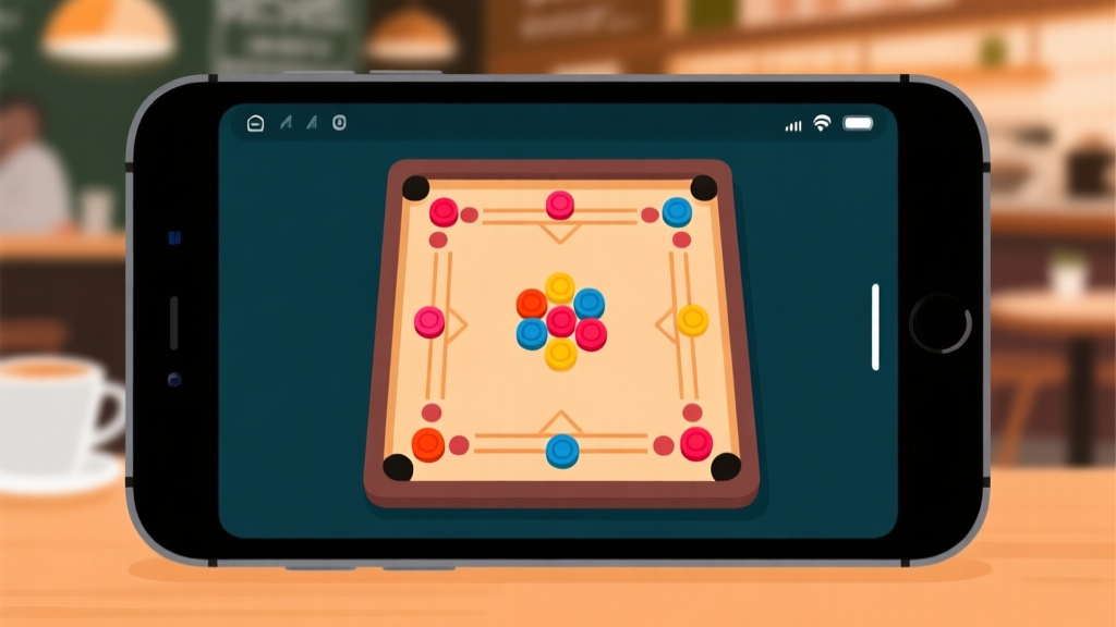 Ilustrasi minimalis papan carrom digital di layar iPhone, dengan bidak-bidak berwarna cerah tersusun rapi, latar belakang blur suasana kafe yang hangat, gaya ilustrasi flat design yang bersih high quality illustration, detailed, 16:9