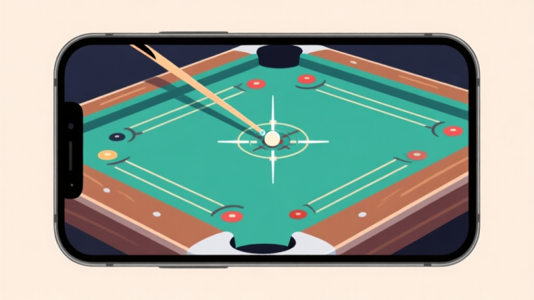 自动生成图片: Ilustrasi papan carrom digital dengan bidikan striker yang presisi, ditampilkan pada layar iPhone, dengan efek cahaya lembut dan komposisi minimalis, gaya visual clean dan modern high quality illustration, detailed, 16:9