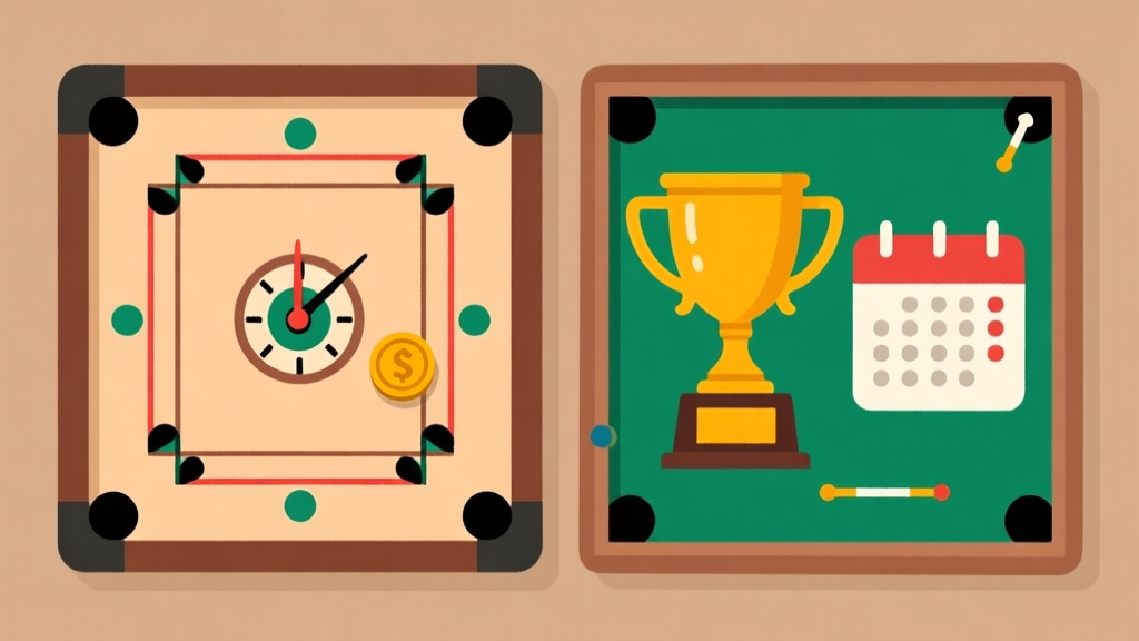 Ilustrasi dua sisi papan carrom yang kontras, satu sisi dengan jam dan koin kecil (simbol turnamen harian), sisi lain dengan piala besar dan kalender (simbol event besar), gaya ilustrasi flat minimalis dengan warna earth tone, komposisi seimbang high quality illustration, detailed, 16:9