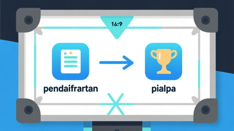 自动生成图片: Ilustrasi papan carrom digital dengan garis panah yang menunjukkan alur dari ikon 'pendaftaran' ke ikon 'piala', skema warna biru muda dan abu-abu, desain minimalis bersih, gaya infografis high quality illustration, detailed, 16:9