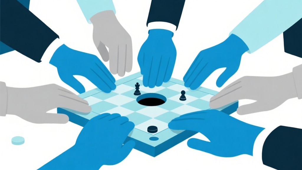 Ilustrasi abstrak beberapa tangan saling bekerja sama mendorong bidak carrom ke arah lubang, skema warna biru muda dan abu-abu, desain minimal bersih, gaya infografis bisnis modern high quality illustration, detailed, 16:9