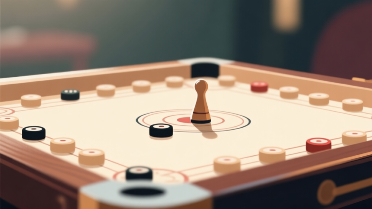 自动生成图片: Ilustrasi minimalis papan carrom dengan bidak-bidak tersusun rapi, cahaya lembut menyoroti satu bidak striker di tepi, latar belakang blur, nuansa inspirasional dan fokus, gaya profesional clean high quality illustration, detailed, 16:9