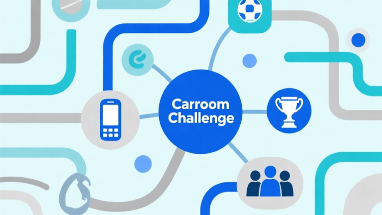 自动生成图片: Peta konsep abstrak yang menunjukkan berbagai ikon dan jalur yang berbeda (ponsel, piala, grup orang) terhubung ke pusat bertuliskan 'Carrom Challenge', desain minimalis dengan skema warna biru muda dan abu-abu, gaya ilustrasi infografis yang bersih high quality illustration, detailed, 16:9