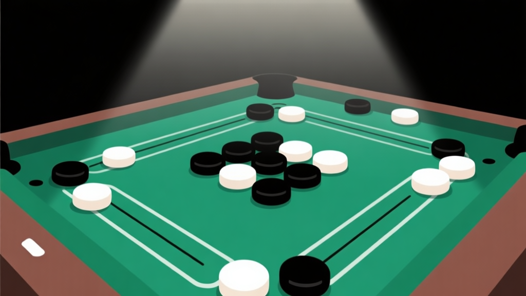 Ilustrasi papan carrom digital dengan bidak-bidak berwarna hitam dan putih tersusun rapi, latar belakang gelap dengan sorotan cahaya minimal, gaya visual clean untuk konsep panduan online high quality illustration, detailed, 16:9