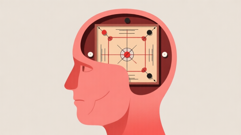 自动生成图片: Ilustrasi abstrak kepala manusia dengan papan carrom di dalamnya, menunjukkan konflik antara pikiran logis dan emosi, warna netral dengan aksen merah lembut, gaya minimalis clean high quality illustration, detailed, 16:9